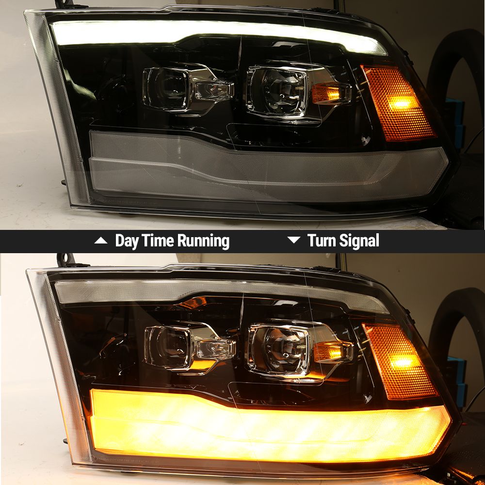 Projector Headlights Headlamps Assembly LED DRL+Turn Signal For 2010-2018 Ram 1500/2500/3500 (Gloss Black Projector version 2)