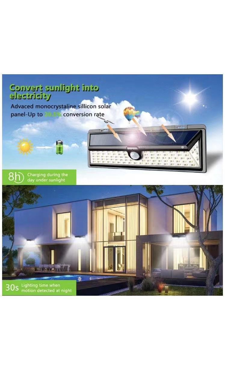 Solar Lights Outdoor, 100 LED Motion Sensor Light with 270° Wide Angle, 3 Optional Modes IP65 Waterproof Solar Security Wall Lights for Garden, Front 