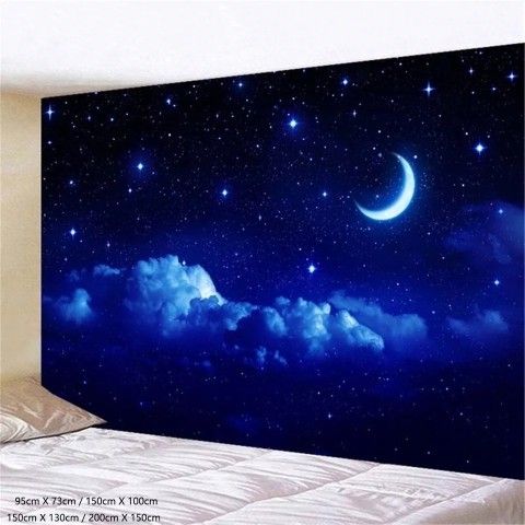 Moon and Stars Tapestry Wall Hanging Blue Starry Galaxy Tapestry Universe Night Sky Tapestry for Bedroom Living Room Tapiz