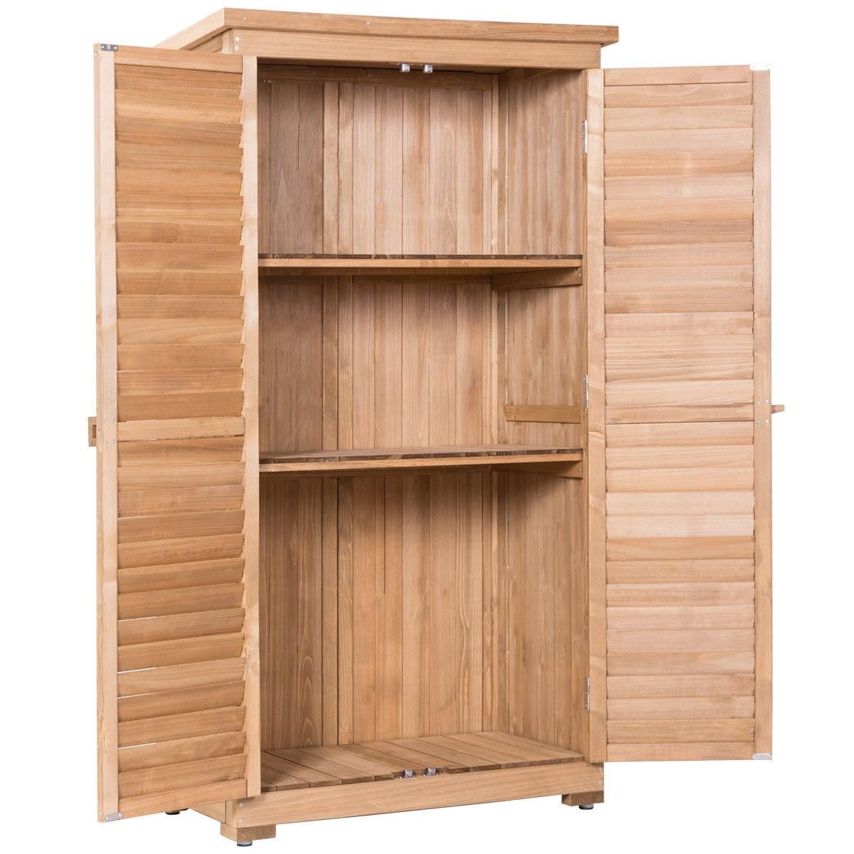 Gymax Outdoor 63'' Tall Wooden Garden Storage Shed Fir Wood Shutter Design Lockers