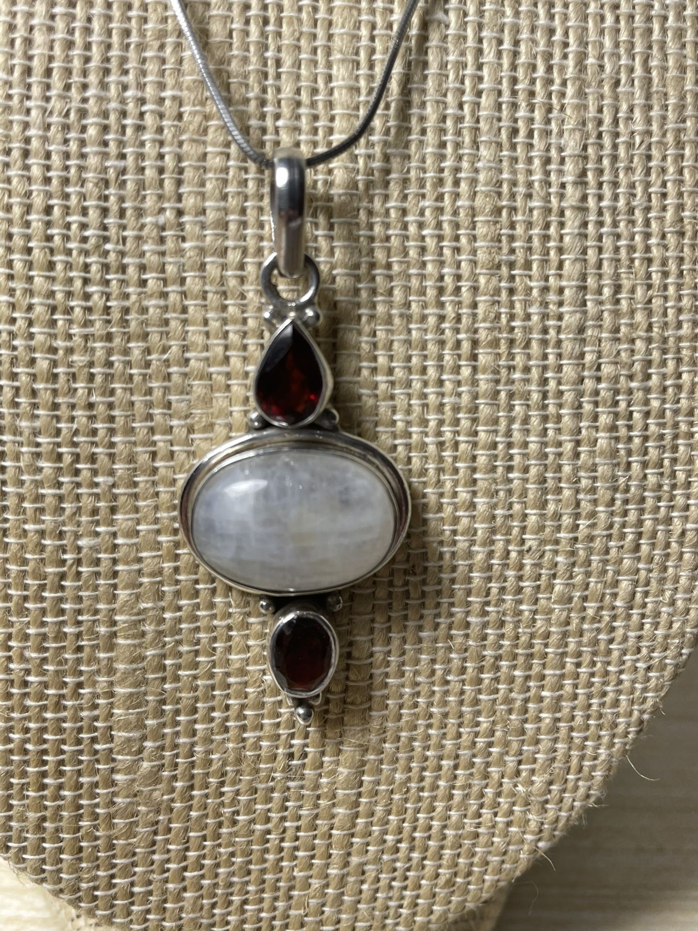 Italy 925 Silver Moonstone And Garnet Stone Necklace &earring 20” Inches