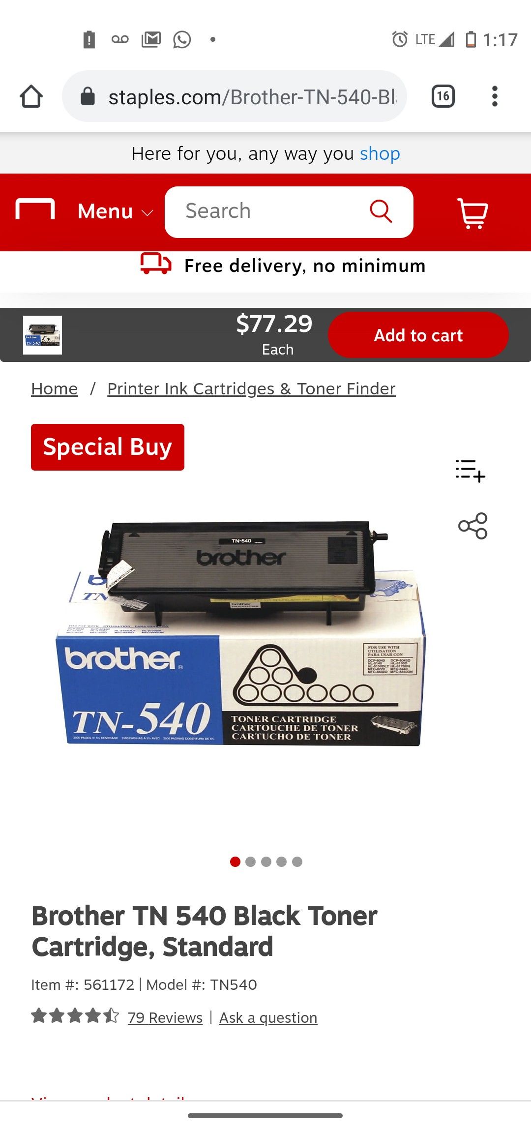 Brother TN 540 Black Toner Cartridge, Standard