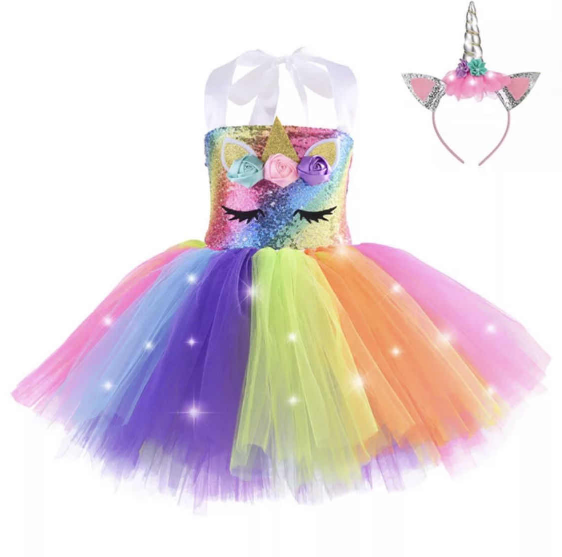 Brand New, Super cool lighted unicorn dress with lighted unicorn headband 🦄
