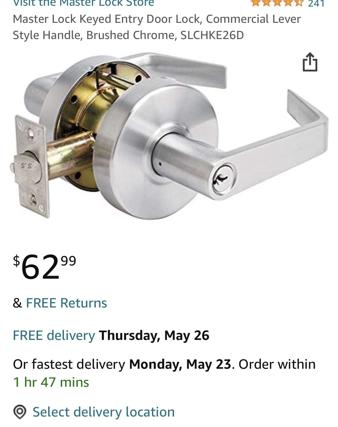 3 Pack US Lock Brand 2050C Series Grade-2 US26D Intruder Lever Lockset Retail $69 Here $120 For 3 Pack…… US Lock (Brand Rating: 4.0/5) 2050C Series Gr