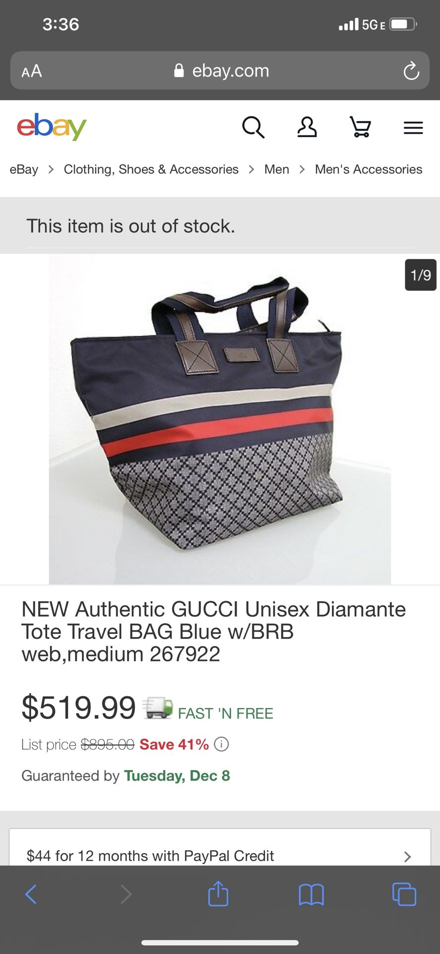 Gucci Unisex Blue Nylon Diamante Travel Tote Handbag {contact info removed}
