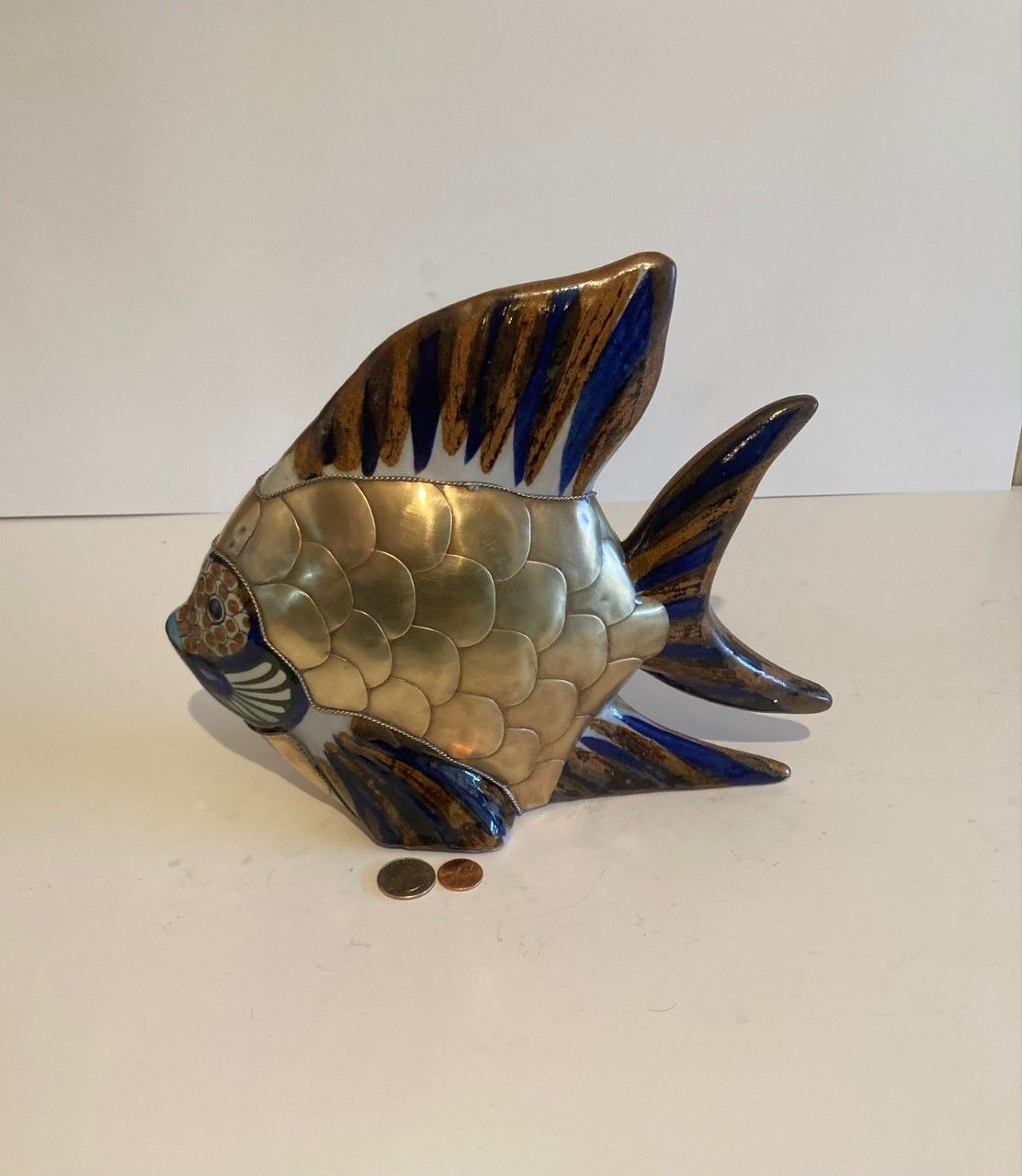 Vintage Bras and Porcelain Fish, Angel Fish, Large Size, Heavy Duty, 11" x 9 1/2" Quality, Home Decor, Table Display, Shelf Display, Really Nice