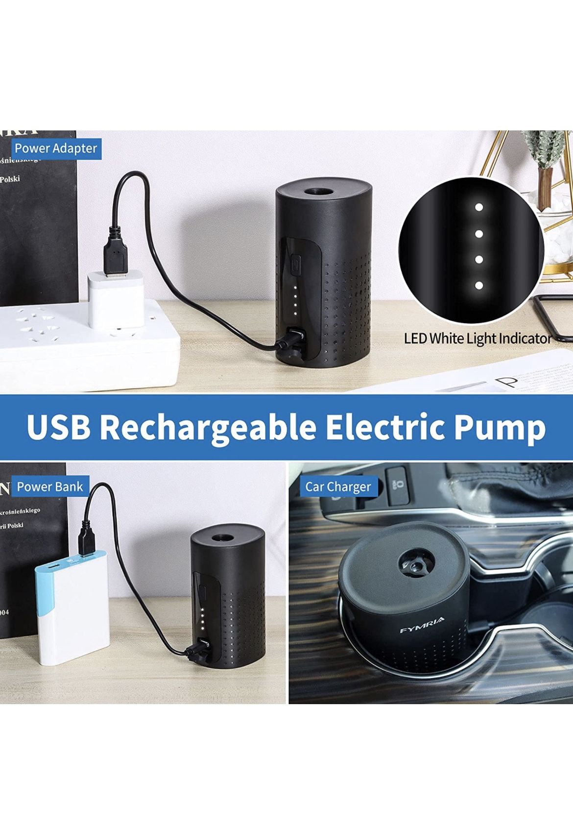 Electric Air Pump, Portable Quick-Fill Air Pump with 3 Nozzles, USB 4000mAh Battery Rechargeable Inflator Deflator Pump for Air Mattress Bed, Swimming