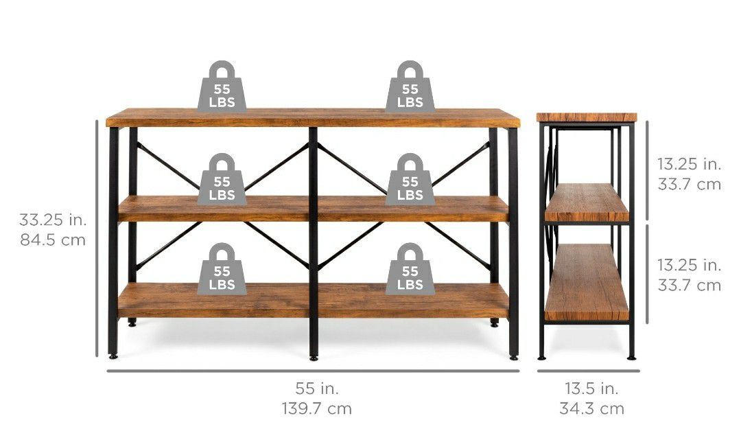 Rustic 3-Tier Console Table for Living Room, Entry w/Non-Scratch Feet, Grain Finish, Steel Frame