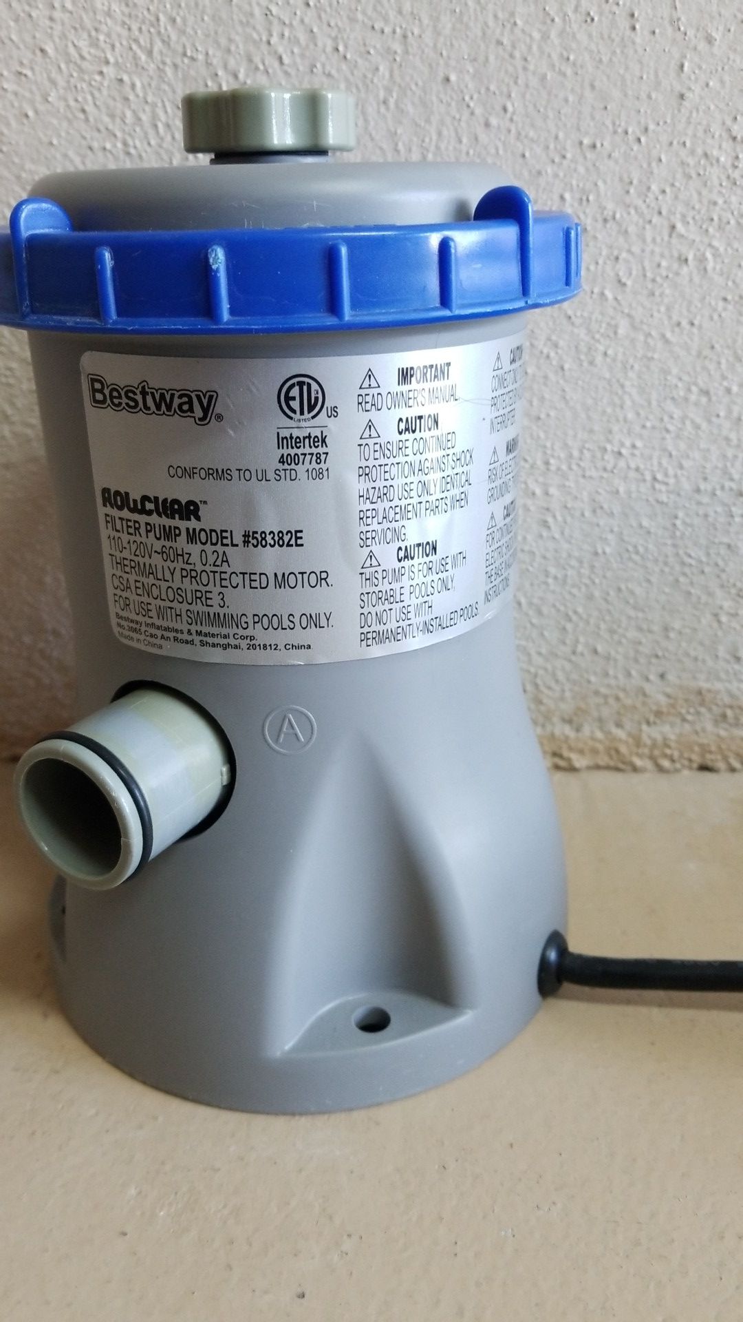 Bestway Filter Pool Pump. Intertek 4007787. 120 volts. Model 58382E