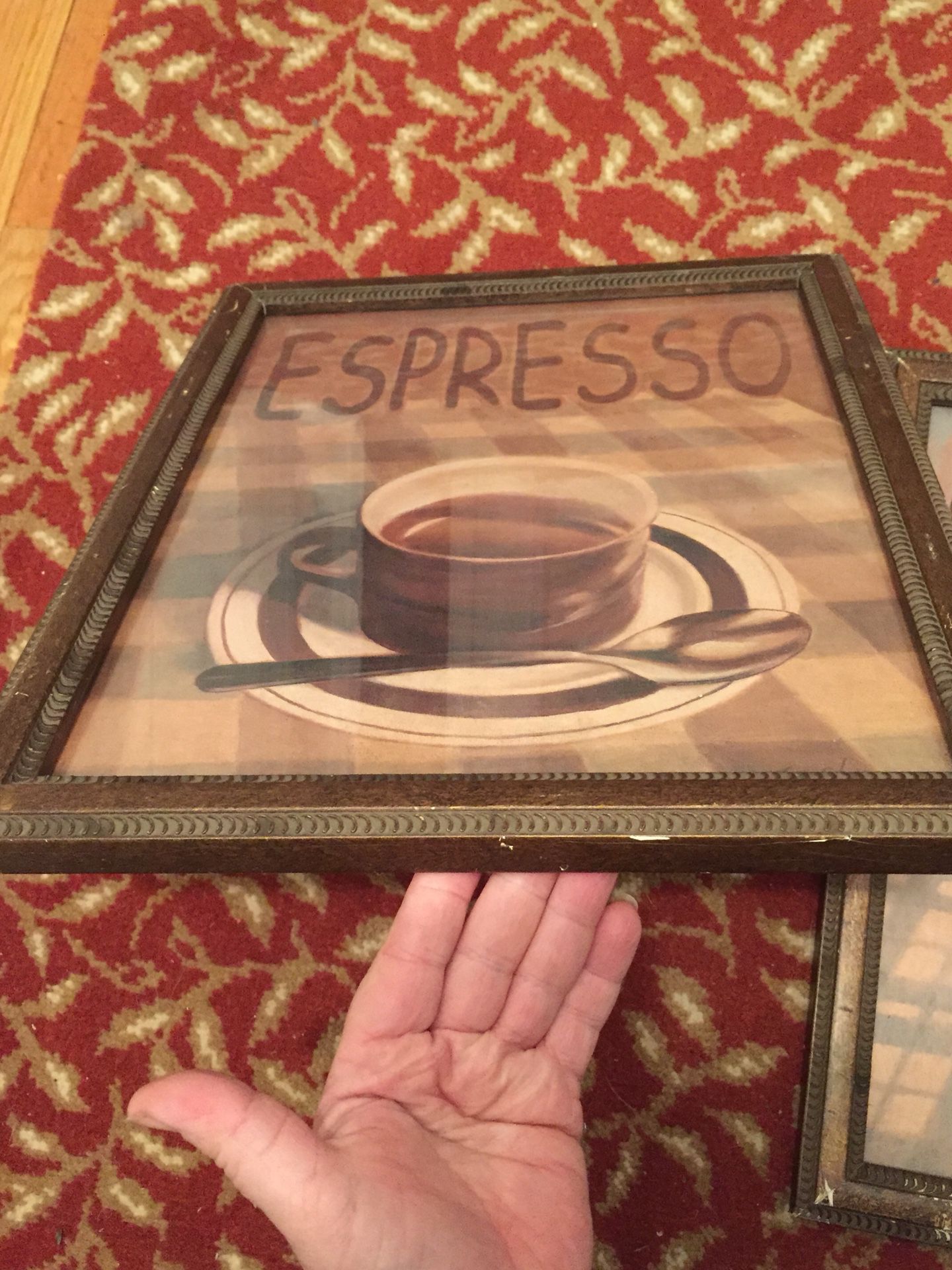 Coffee shop kitchen wall decoration frames 2 frames measure about 12 inches wide and about 15 and half inches tall. One frame has the glass the oth