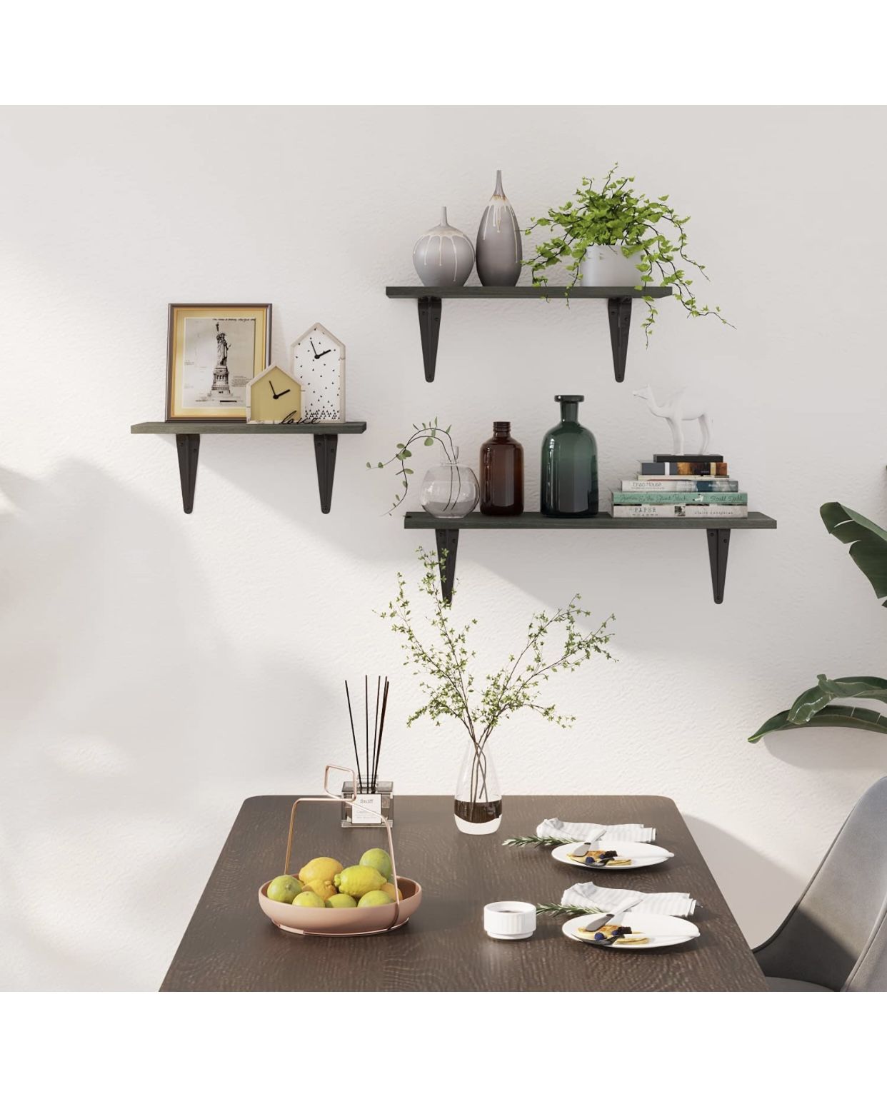 Floating Shelves Wall Mounted Set of 3, Rustic Bamboo Wall Storage Shelves - Grey