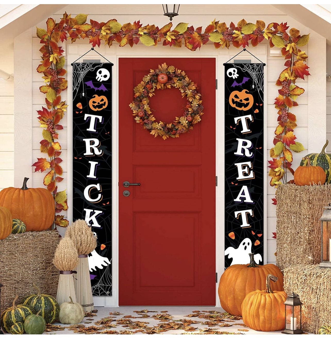 Outdoor Halloween Decorations Decor - Front Door Trick or Treat Banner Hanging Halloween Porch Decorations Outdoor Clearance Signs for Home Welcome Si