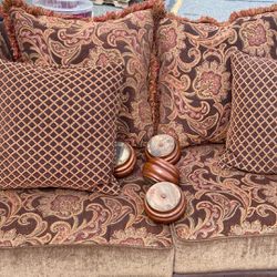 Brown Leather Couch Floral Designed Cushions and Pillows Thumbnail
