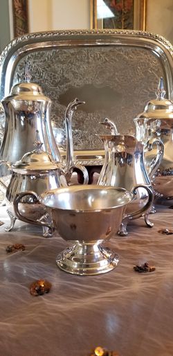 Silverplated tea and coffee set with edge decorated tray Thumbnail