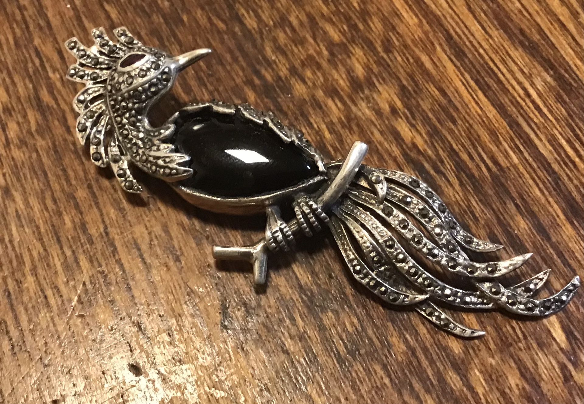 Sterling Parrot Onyx Marcasite with Ruby Eye