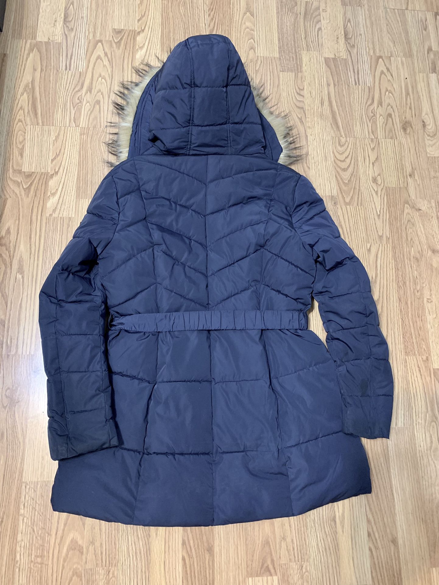 Guess Down Filled parka Fur Hooded puffer coat Blue winter jacket Womens x-large