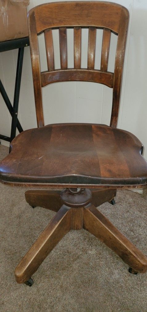 Vintage Wood Rolling Office Desk Chair