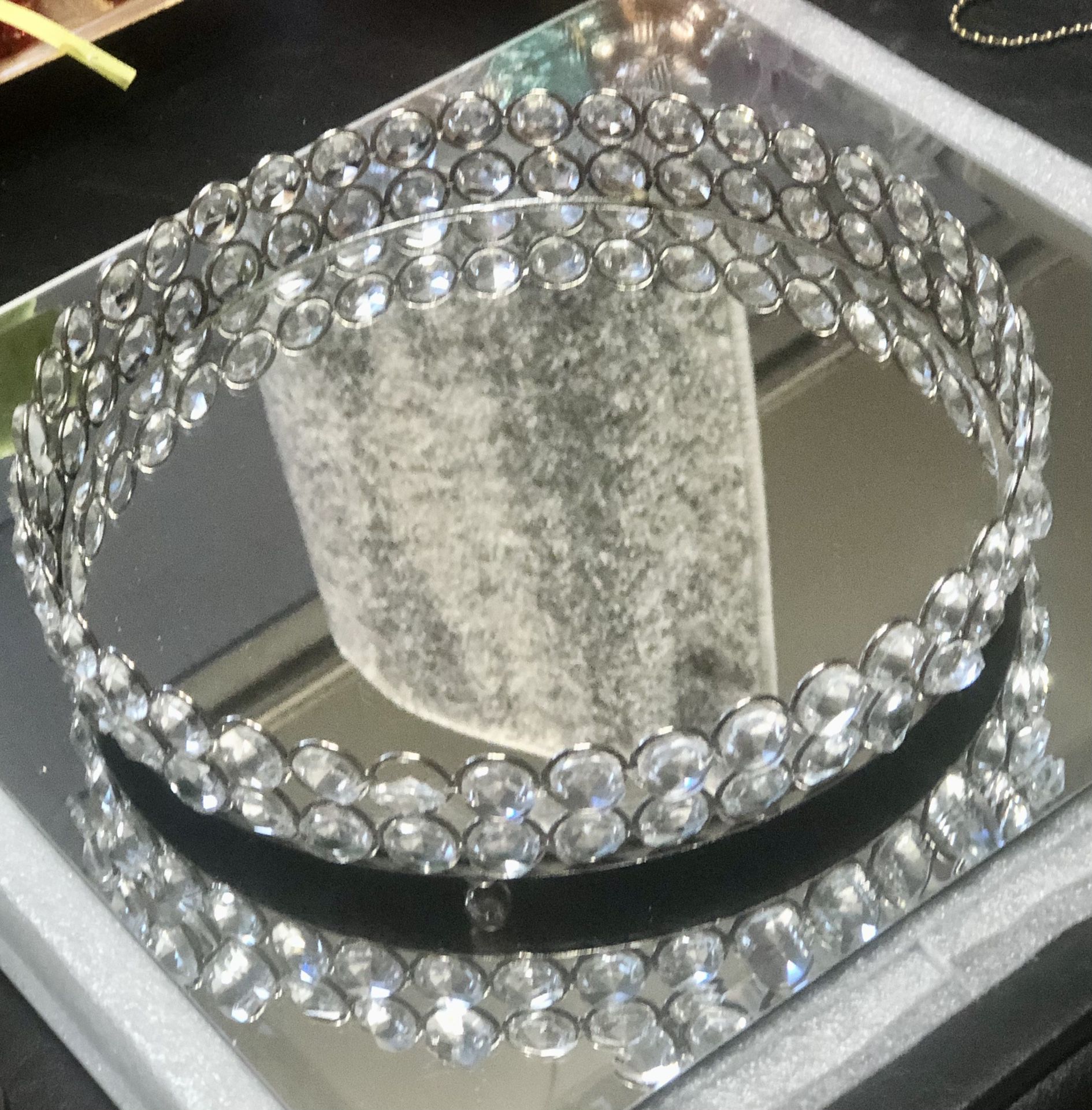 Round Crystal Mirrored Vanity Tray 9”