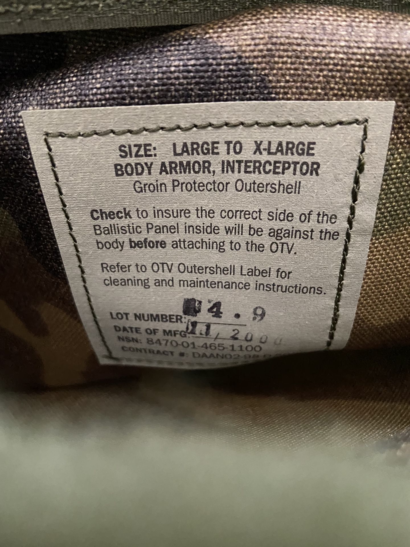 (1) US ARMY IBA BDU LARGE-XLARGE GROIN PAD W/PLATE