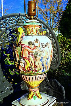 Italian orgy mythological bachanalia capodimonte mid century electric table lamp nude art Thumbnail