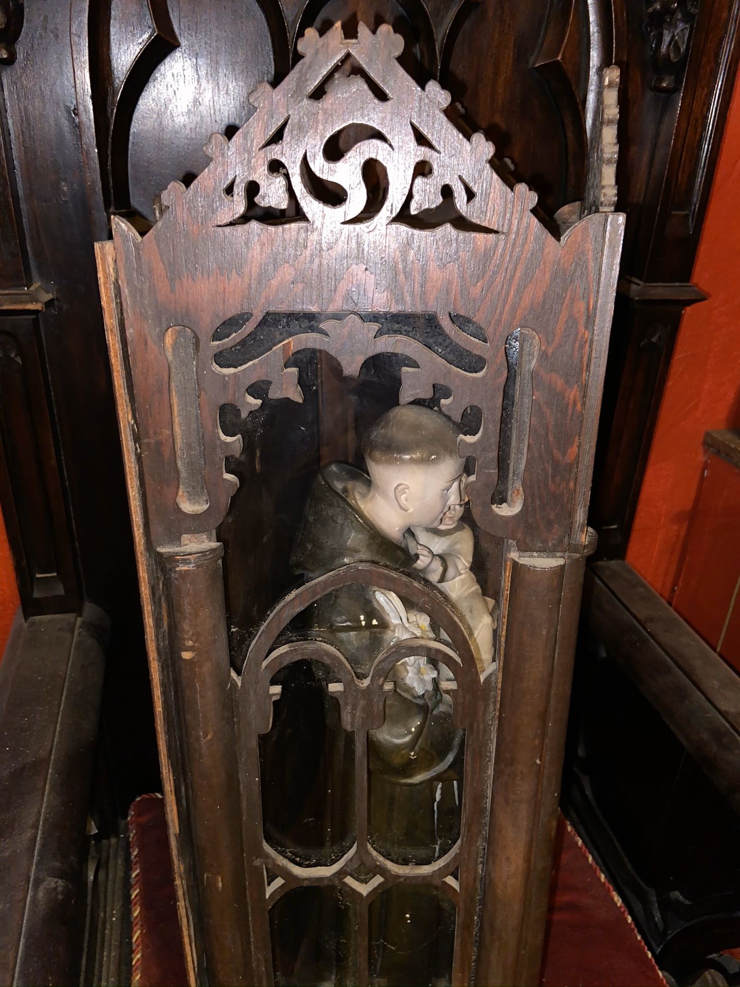 Antique Religious Statue In The Wooden Gothic Box Saint Altar Church