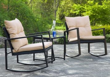 2 Cushioned Rattan Rocking Chair with Coffee Table Set Thumbnail
