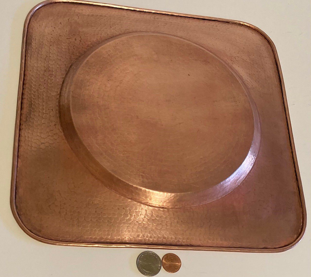 Vintage Metal Copper Hammered Metal Tray, Platter, Dish, Fruit Holder, Heavy Duty, Quality, 12" x 12", Home Decor, Kitchen Decor, Table Display, Shelf