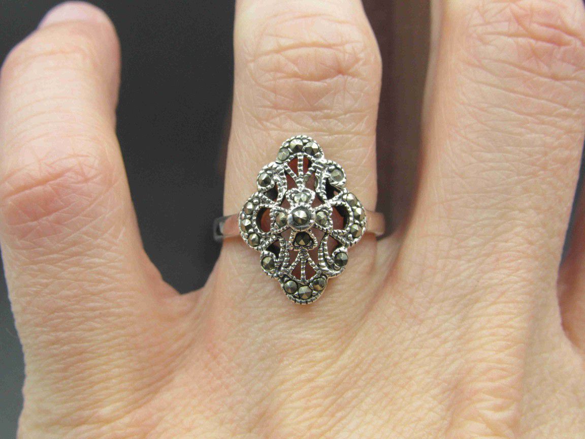 Size 6.5 Sterling Silver Ornate Marcasite Stone Band Ring Vintage Statement Engagement Wedding Promise Anniversary Bridal Cocktail