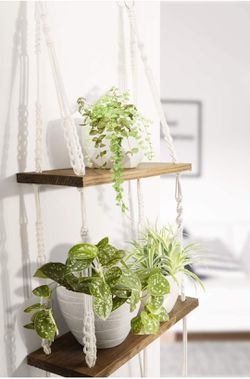2 Tier Wood Wall Shelves with Handmade Woven Hanger Thumbnail
