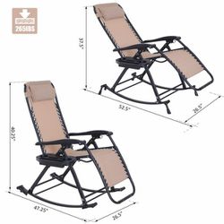 Folding Zero Gravity Rocking Lounge Chair with Cup Holder Tray - Beige Thumbnail