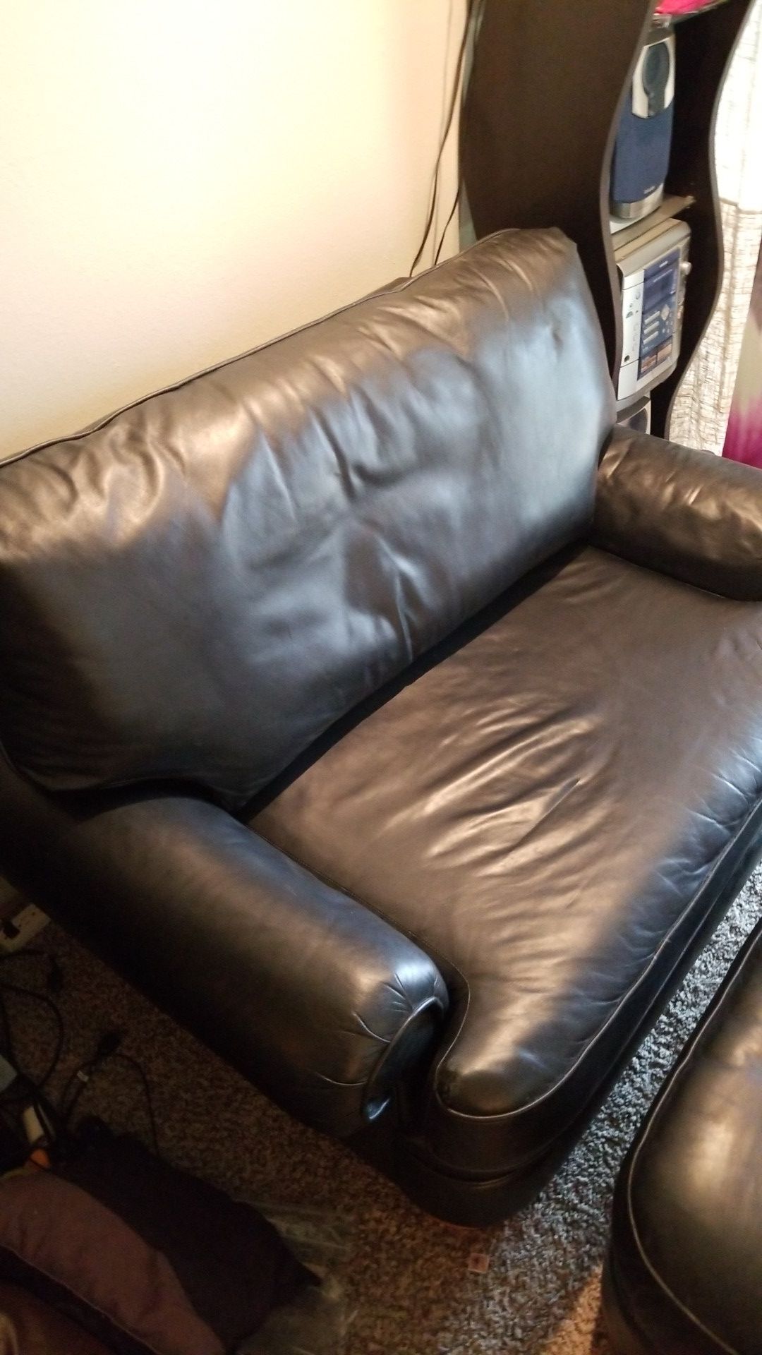 Genuin black Leather oversized chair/love seat and ottoman