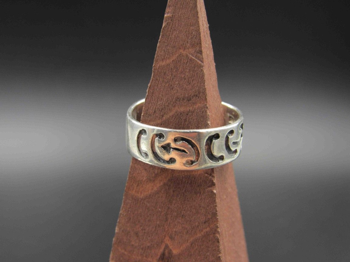 Size 8.75 Sterling Silver Weird Unknown Symbols Band Ring Vintage Statement Engagement Wedding Promise Anniversary Bridal Cocktail