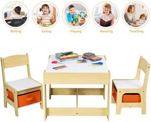 Kids Wood Table & 2 Chair Set, Children Activity Table Desk Sets w/Storage Drawer Thumbnail