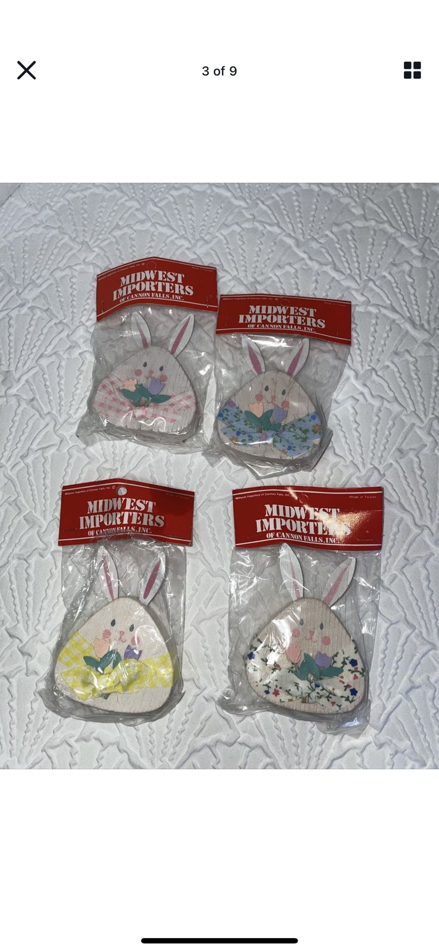 VTG Midwest Importers Of Canon Falls Wood Bunnies Ornaments Easter Like New Set of 6 Made in Taiwan! 3 matching sets!