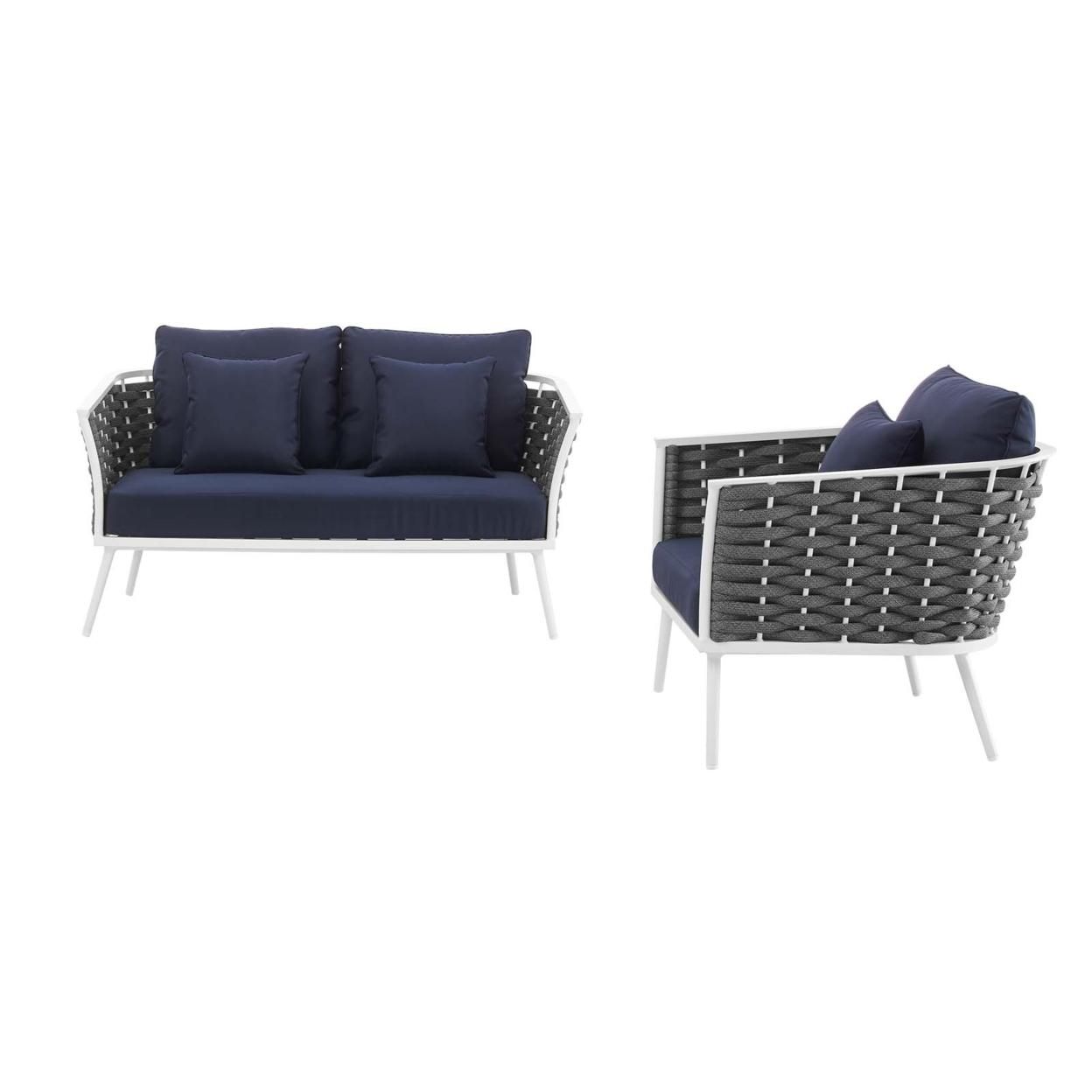 Stance 2 Piece Outdoor Patio Aluminum Sectional Sofa Set, White Navy