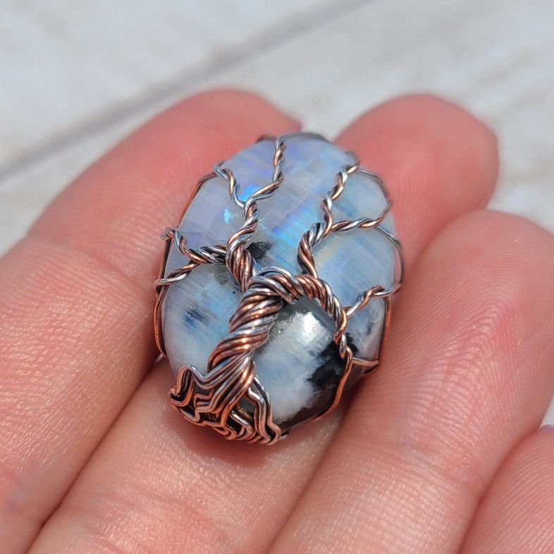 Wire Wrapped Rainbow Moonstone Tree of Life 925 Ring
