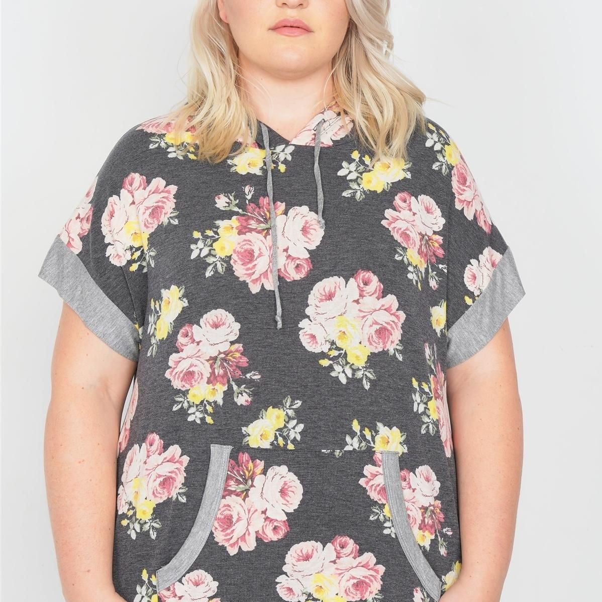 Plus Size Charcoal Mix Floral Print Pull Over Hoodie Sweater Size 2XL