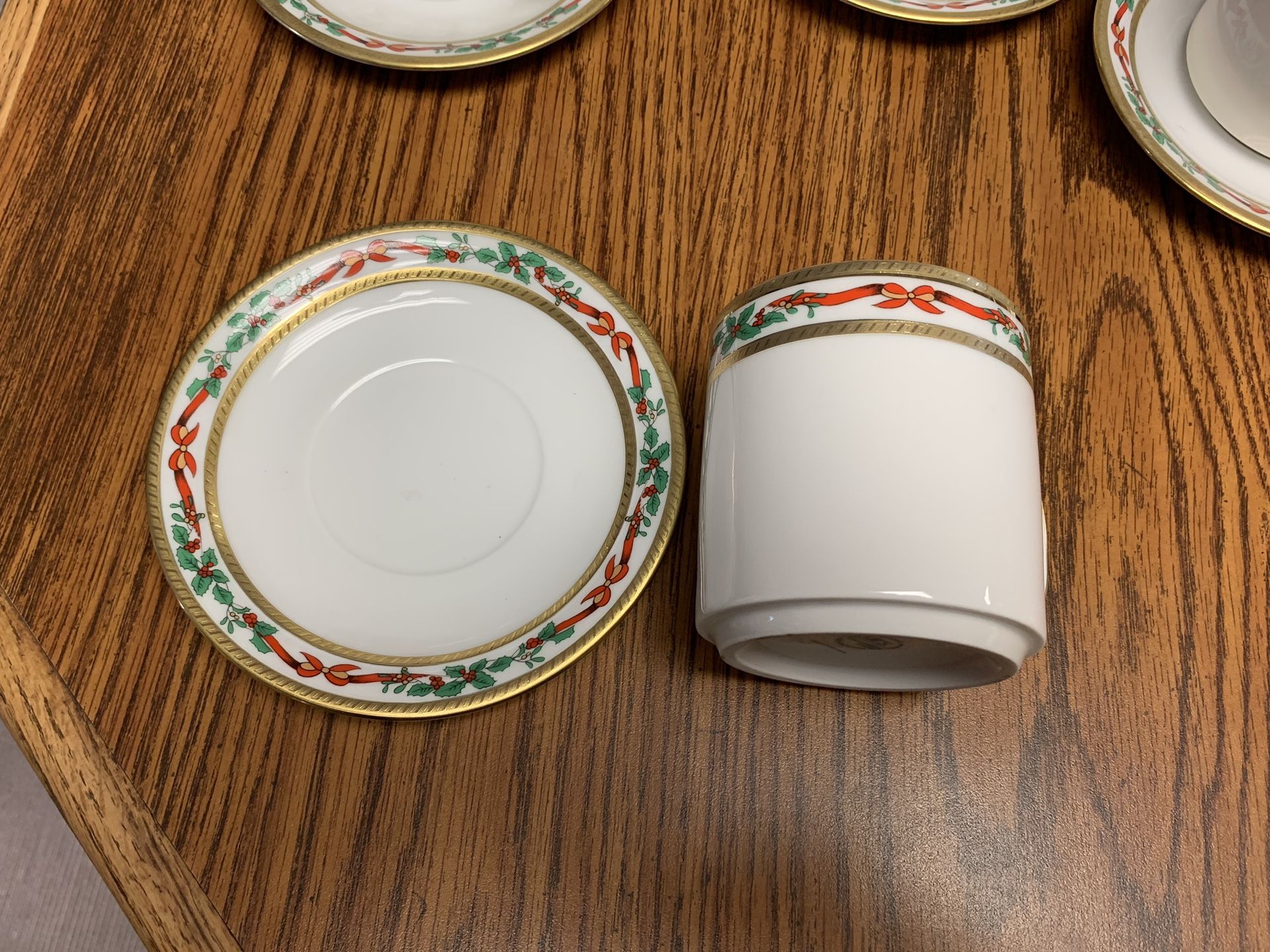 Bavarian China 16 pc Coffee Set w/ Christmas Holly Ribbons, Bows & Evergreen with Gold Trim