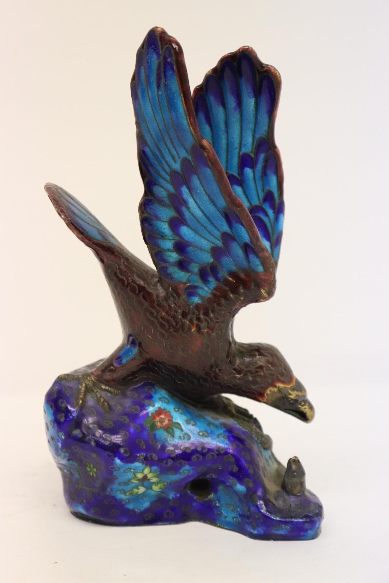 Unusual Chinese cloisonne enamel sculpture of bird, 8.95"H