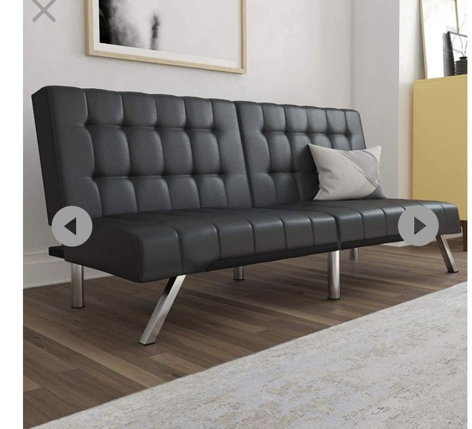 New In Box DHP Emily Futon With Chrome Legs, Black Faux Leather 34"D x 71"W x 32"H