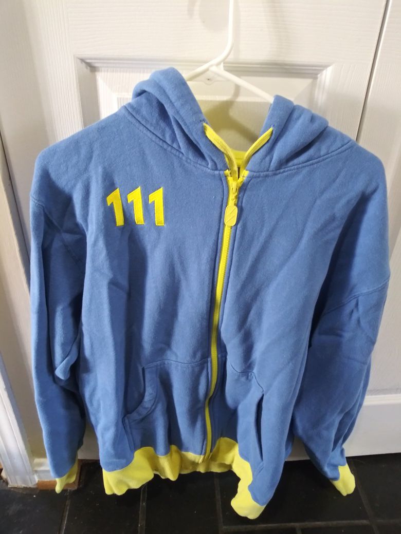 Bethesda Blue and Yellow Fallout 4 Vault 111 Full Zip Long Sleeve Hoodie Mens Sm