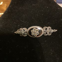 Sterling Silver With Onyx And Crystals Brooch  Thumbnail