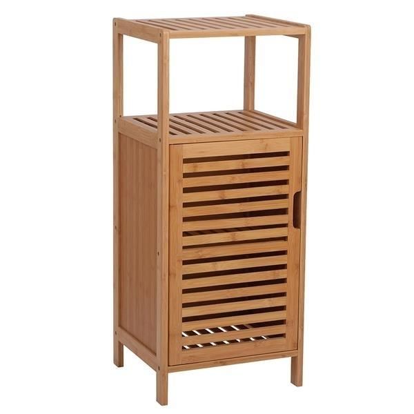 100% Bamboo Bathroom Floor Cabinet, Double Deck Shelf With Single Door And Cell For Stand-Alone Kitchen Cabinet, Living