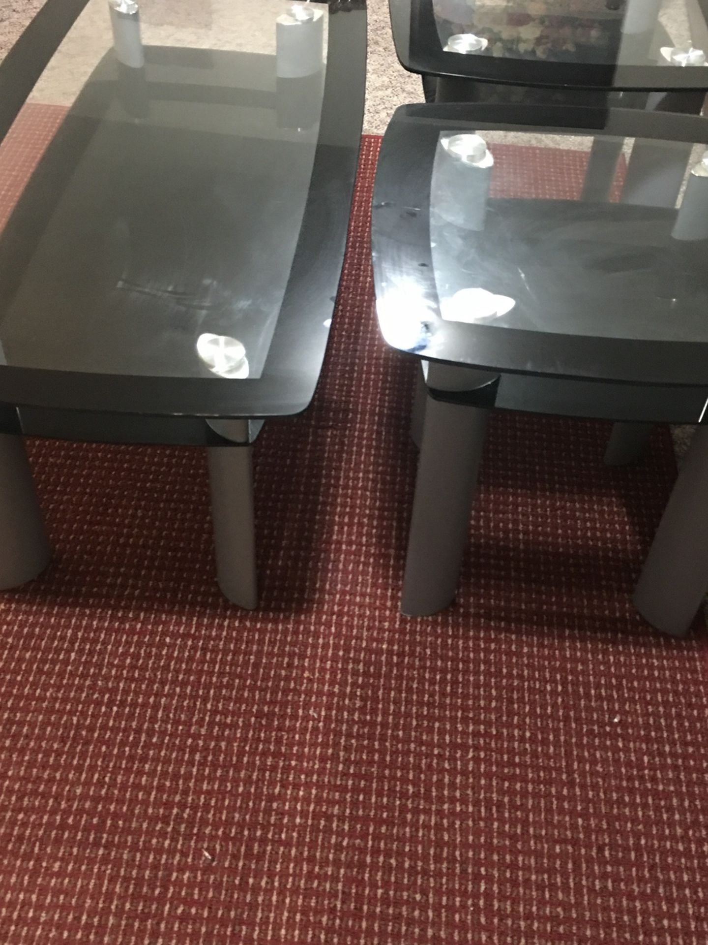 Glass 3 piece Coffee Table set. Great condition, like new and clean. Very lightly used. 3 piece set: one big table with 2 side tables. Hardly even