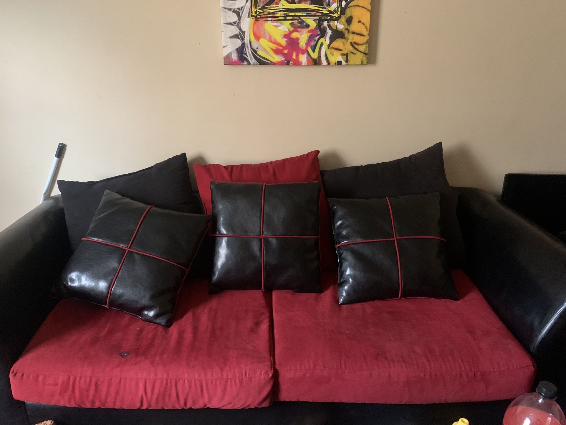 Two Piece Red And Black Couch Set
