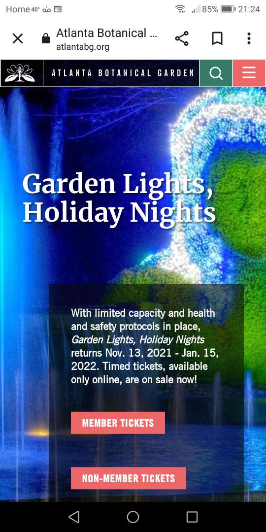 2 Tickets To Atlanta Botanical Gardens, Holiday Lights Night