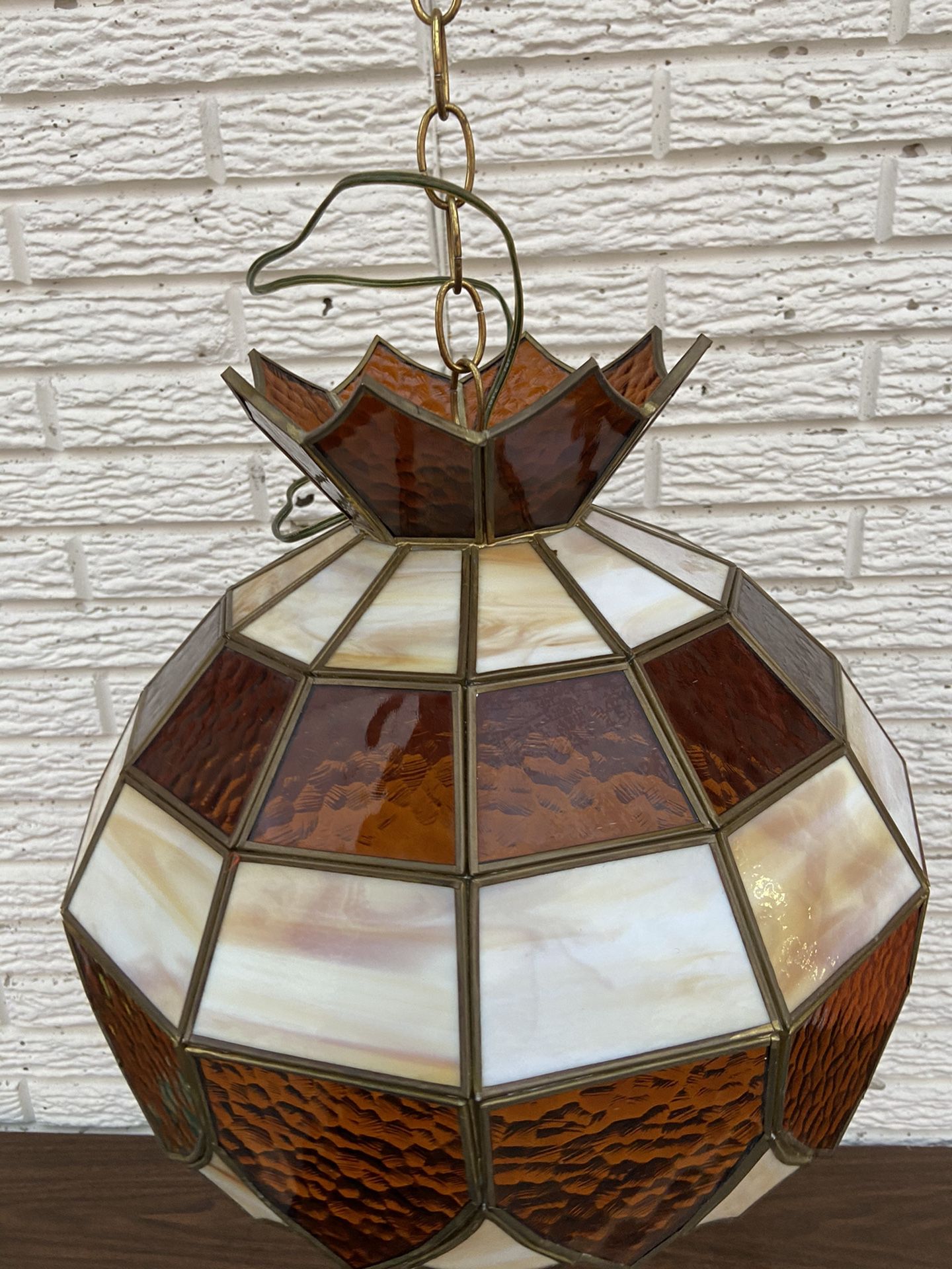 15” Vintage STAINED SLAG GLASS HANGING Lamp Tiffany Style Light Chandelier