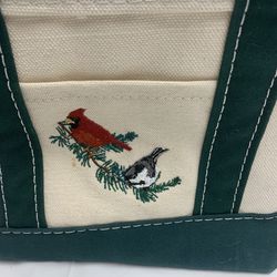 LL Bean Canvas Bag Boat & Tote Bag Small Green & Cream Embroidered Cardinal USA Thumbnail