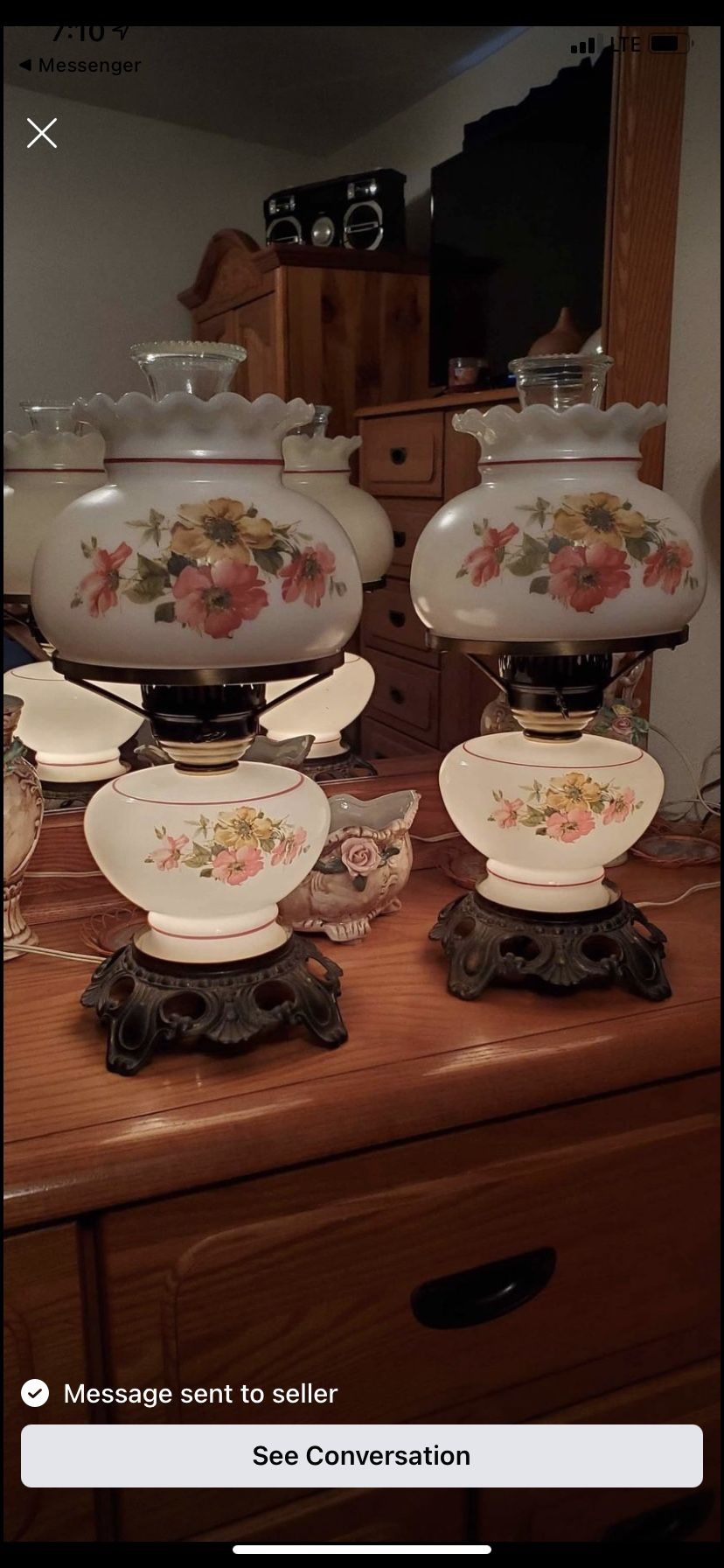 Vintage Set Of 2 Hurricane Lamp Roses Design With 3 Way Electric Lighting