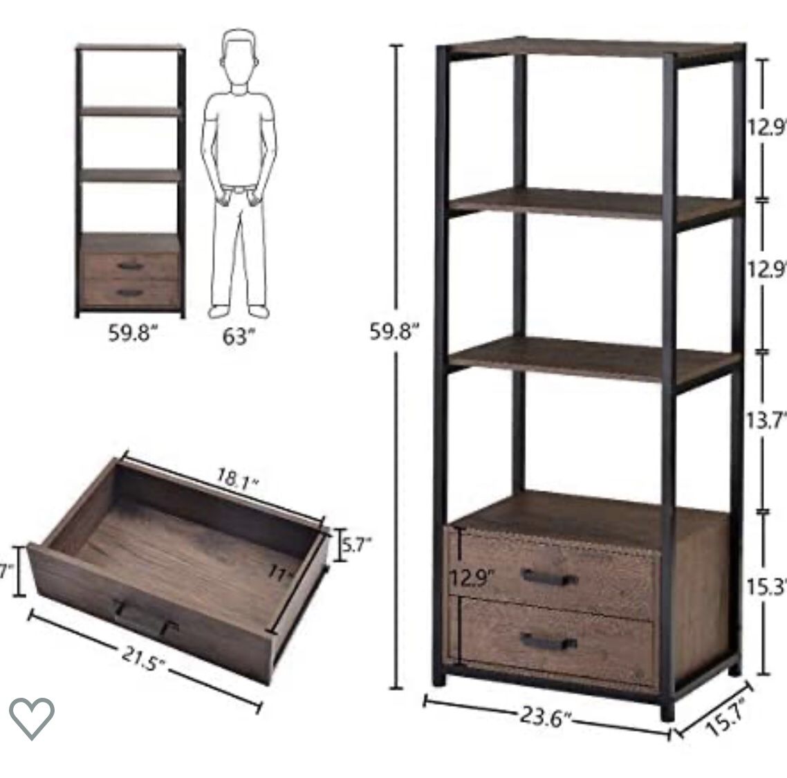 HOOSENG Bookcase with 2 Drawers, 4-Tier Open Bookshelf, 60'' Free Standing Shelf, Wooden Metal Frame Storage Cabinet, Organizer Rack Furniture for Liv